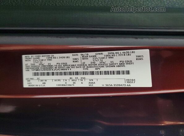 1FMCU0GD3JUC90511 2018 FORD ESCAPE Burgundy Սալոնի 360 աստիճան տեսք