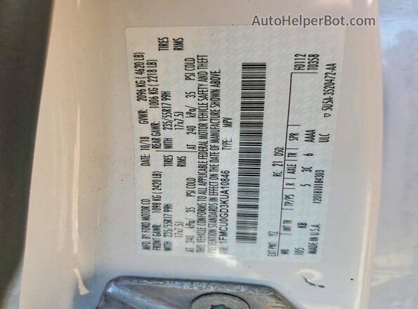 1FMCU0GD3KUA10846 2019 FORD ESCAPE White VIN կոդի պիտակի տեսք