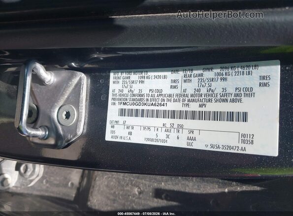 1FMCU0GD3KUA62641 2019 FORD ESCAPE Gray Вид підкапотного простору