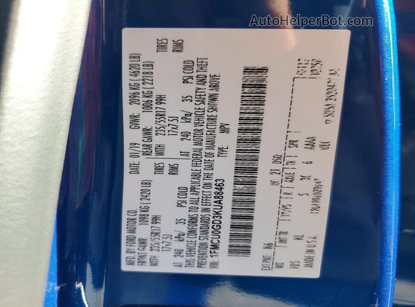 1FMCU0GD3KUA88463 2019 FORD ESCAPE Blue Вид наклейки з VIN-кодом