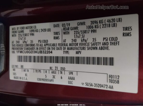 1FMCU0GD3KUB32204 2019 FORD ESCAPE Red Engine compartment view