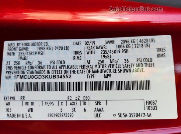 1FMCU0GD3KUB34552 2019 FORD ESCAPE Red Vista de la etiqueta del VIN