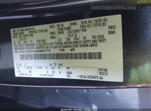 1FMCU0GD4HUB81775 2017 FORD ESCAPE Gray Շարժիչի բաժամունքի տեսք