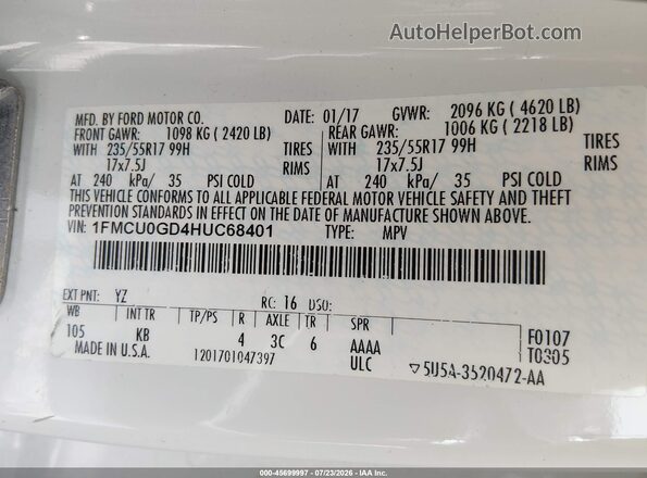 1FMCU0GD4HUC68401 2017 FORD ESCAPE White ძრავის განყოფილების ხედი