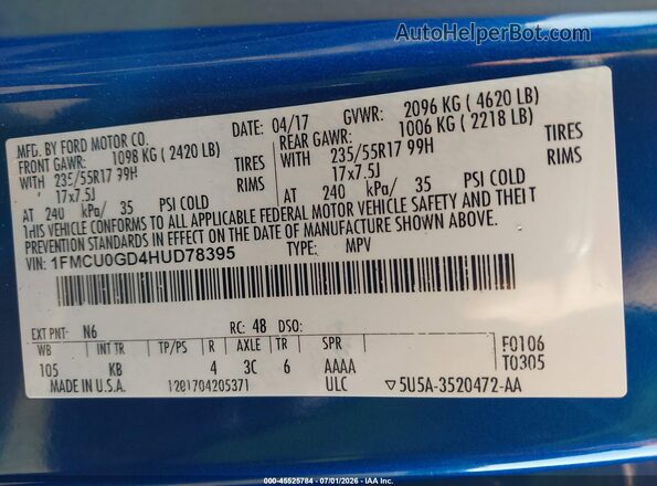1FMCU0GD4HUD78395 2017 FORD ESCAPE Blue Engine compartment view