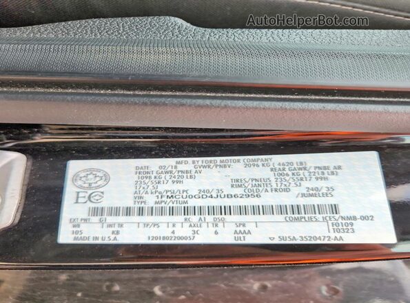1FMCU0GD4JUB62956 2018 FORD ESCAPE Black 360 interior view