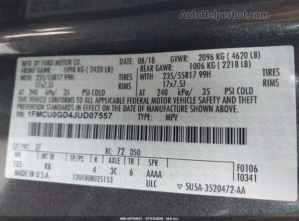 1FMCU0GD4JUD07557 2018 FORD ESCAPE Gray Engine compartment view