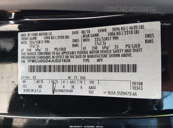 1FMCU0GD4JUD21829 2018 FORD ESCAPE Black Engine compartment view