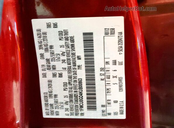 1FMCU0GD4KUB00863 2019 FORD ESCAPE Темно-бордовый Вид наклейки с VIN-кодом