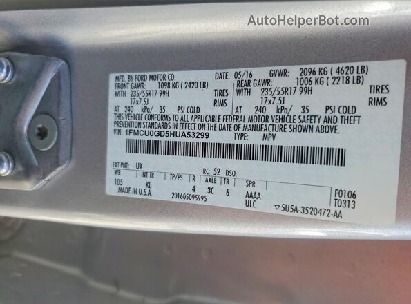1FMCU0GD5HUA53299 2017 FORD ESCAPE Silver Widok naklejki z numerem VIN