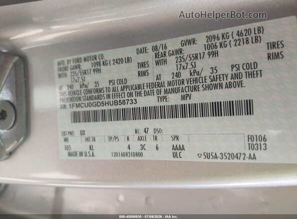 1FMCU0GD5HUB58733 2017 FORD ESCAPE Silver Շարժիչի բաժամունքի տեսք