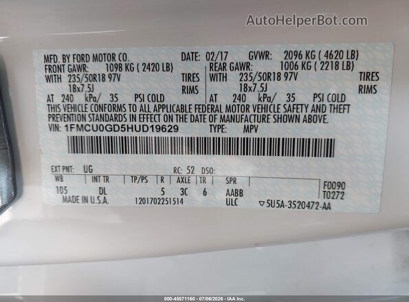 1FMCU0GD5HUD19629 2017 FORD ESCAPE White Engine compartment view