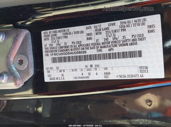 1FMCU0GD5HUD58026 2017 FORD ESCAPE Black Вид підкапотного простору