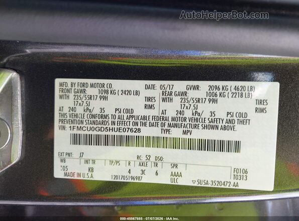 1FMCU0GD5HUE07628 2017 FORD ESCAPE Gray Widok komory silnika