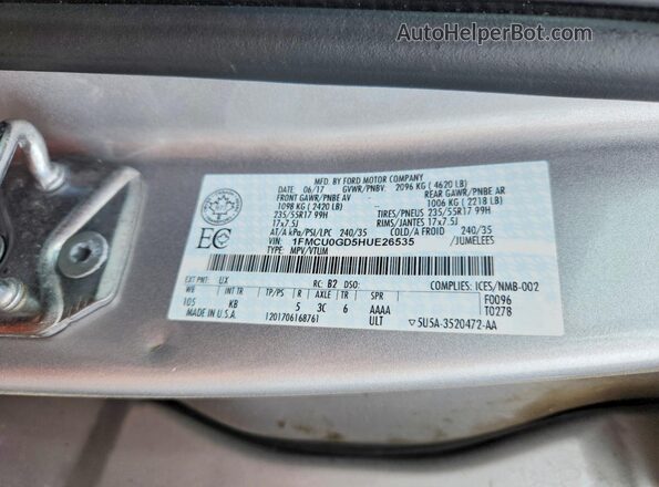 1FMCU0GD5HUE26535 2017 FORD ESCAPE Silver VIN կոդի պիտակի տեսք