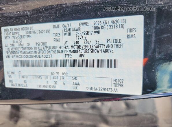 1FMCU0GD5HUE43237 2017 FORD ESCAPE Black Widok naklejki z numerem VIN