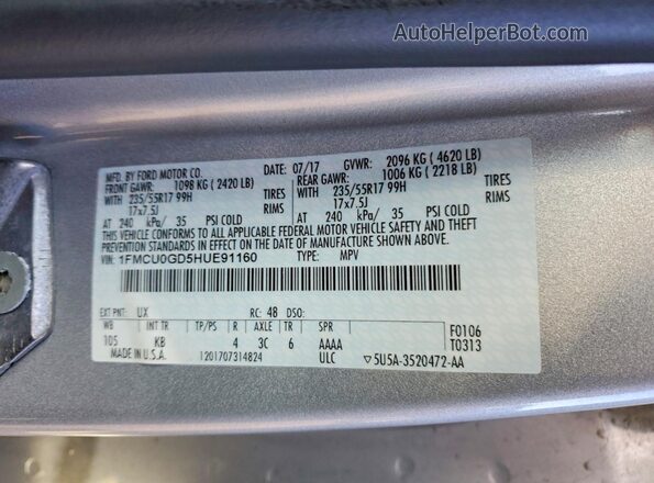 1FMCU0GD5HUE91160 2017 FORD ESCAPE Silver Widok naklejki z numerem VIN
