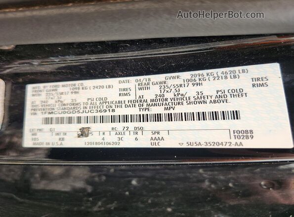 1FMCU0GD5JUC36918 2018 FORD ESCAPE Черный Панорамный вид салона 360°