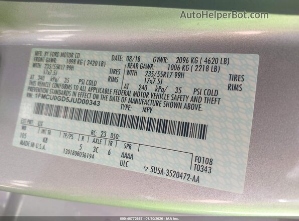 1FMCU0GD5JUD00343 2018 FORD ESCAPE Silver Շարժիչի բաժամունքի տեսք