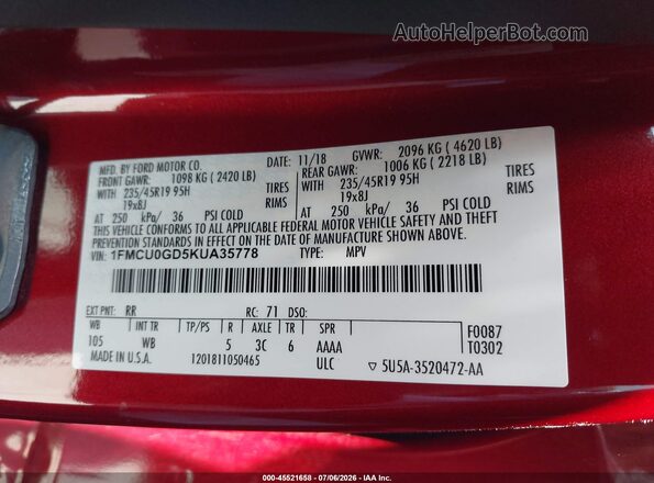 1FMCU0GD5KUA35778 2019 FORD ESCAPE Red Вид підкапотного простору