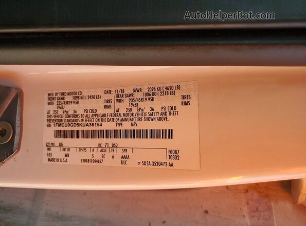 1FMCU0GD5KUA36154 2019 FORD ESCAPE White Вид наклейки з VIN-кодом