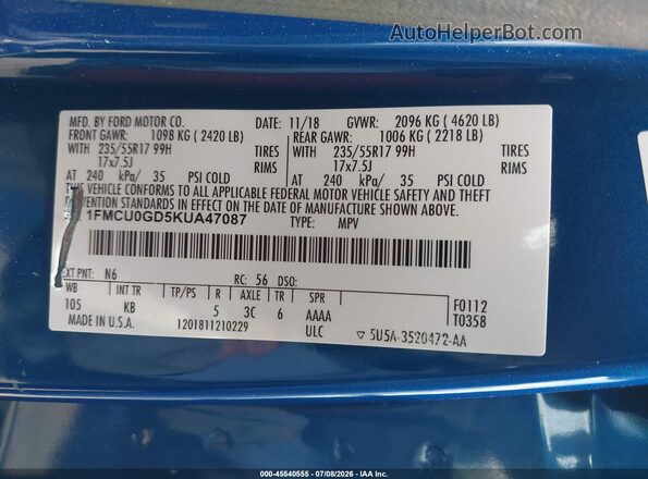 1FMCU0GD5KUA47087 2019 FORD ESCAPE Blue Շարժիչի բաժամունքի տեսք