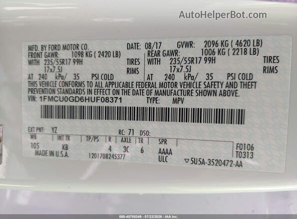 1FMCU0GD6HUF08371 2017 FORD ESCAPE White Շարժիչի բաժամունքի տեսք