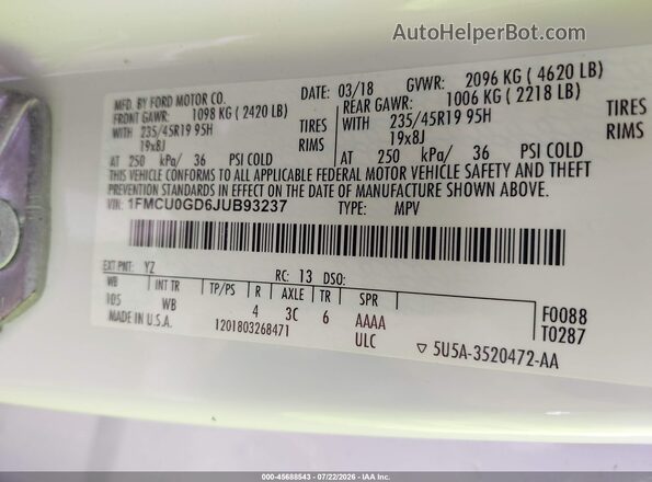 1FMCU0GD6JUB93237 2018 FORD ESCAPE Белый Вид подкапотного пространства