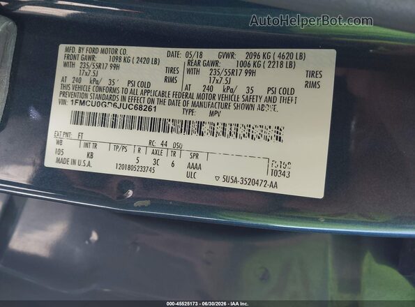 1FMCU0GD6JUC68261 2018 FORD ESCAPE Blue Engine compartment view