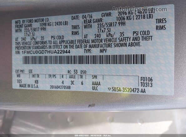 1FMCU0GD7HUA22944 2017 FORD ESCAPE Серебряный Вид подкапотного пространства
