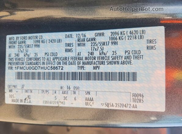 1FMCU0GD7HUC58672 2017 FORD ESCAPE Gray VIN sticker view