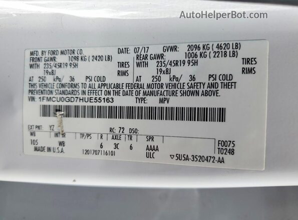 1FMCU0GD7HUE55163 2017 FORD ESCAPE White VIN sticker view