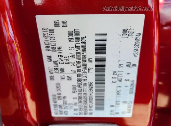 1FMCU0GD7HUE62856 2017 FORD ESCAPE Red Widok naklejki z numerem VIN