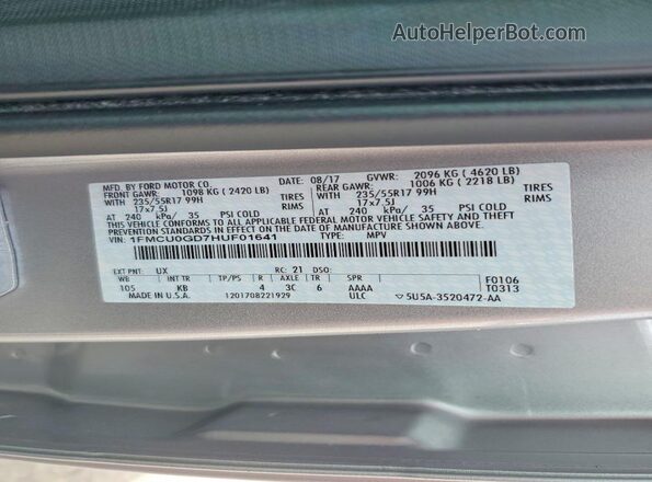1FMCU0GD7HUF01641 2017 FORD ESCAPE Silver Вид наклейки з VIN-кодом
