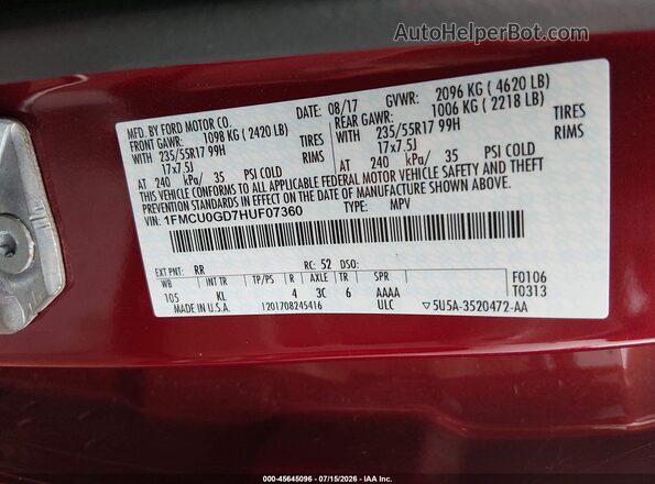 1FMCU0GD7HUF07360 2017 FORD ESCAPE Red Widok komory silnika