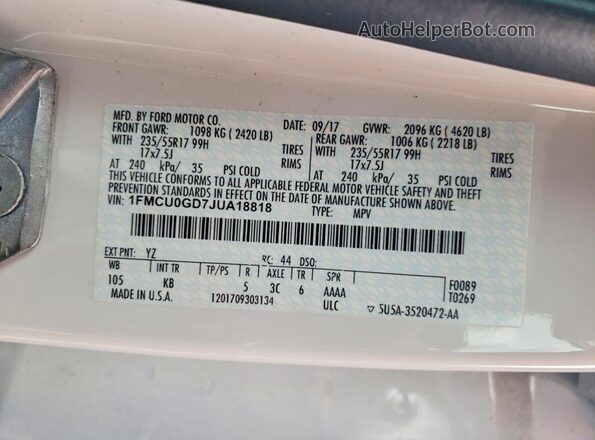 1FMCU0GD7JUA18818 2018 FORD ESCAPE White VIN sticker view