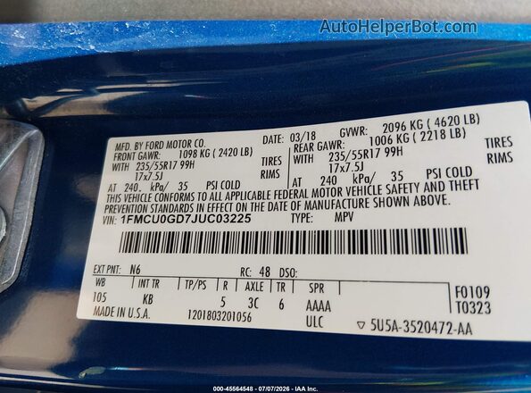 1FMCU0GD7JUC03225 2018 FORD ESCAPE Blue Vista del compartimento del motor