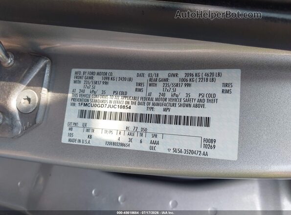 1FMCU0GD7JUC10854 2018 FORD ESCAPE Серебряный Вид подкапотного пространства