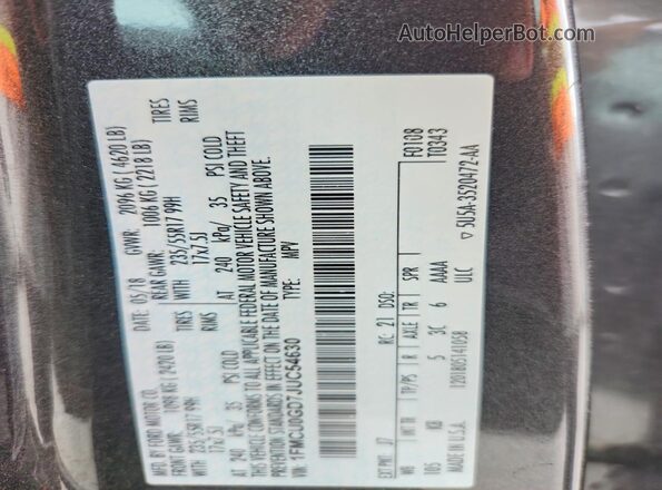 1FMCU0GD7JUC54630 2018 FORD ESCAPE Gray VIN კოდის სტიკერის ხედი