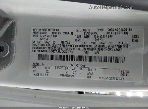 1FMCU0GD7JUD22960 2018 FORD ESCAPE White Engine compartment view