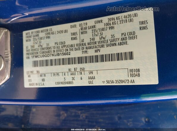 1FMCU0GD7KUB15602 2019 FORD ESCAPE Blue Вид підкапотного простору