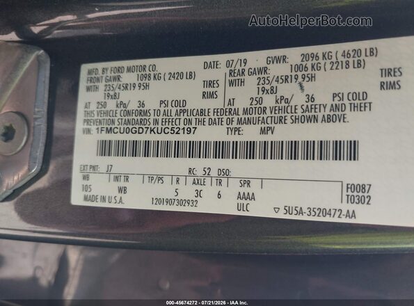 1FMCU0GD7KUC52197 2019 FORD ESCAPE Серый Вид подкапотного пространства