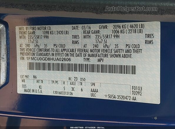1FMCU0GD8HUA02606 2017 FORD ESCAPE Blue Vista del compartimento del motor