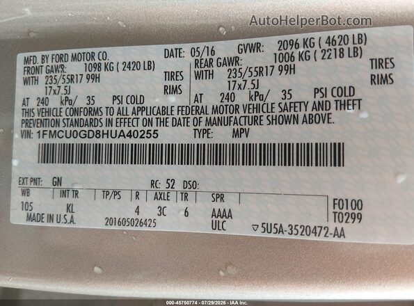 1FMCU0GD8HUA40255 2017 FORD ESCAPE Gold Շարժիչի բաժամունքի տեսք