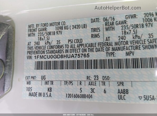 1FMCU0GD8HUA75765 2017 FORD ESCAPE White Շարժիչի բաժամունքի տեսք