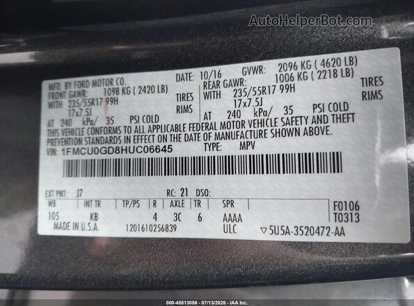 1FMCU0GD8HUC06645 2017 FORD ESCAPE Gray Շարժիչի բաժամունքի տեսք