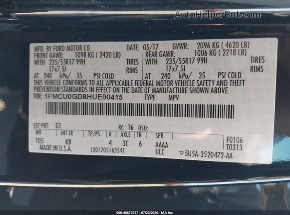 1FMCU0GD8HUE00415 2017 FORD ESCAPE Black ძრავის განყოფილების ხედი