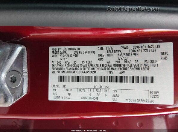 1FMCU0GD8JUA81328 2018 FORD ESCAPE Red Вид підкапотного простору
