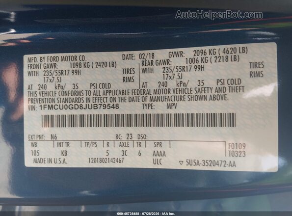 1FMCU0GD8JUB79548 2018 FORD ESCAPE Blue Շարժիչի բաժամունքի տեսք