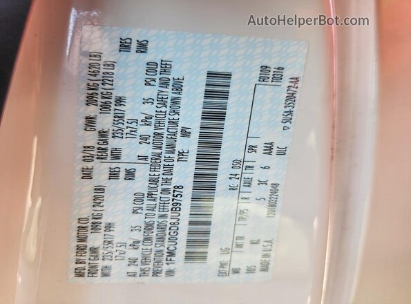 1FMCU0GD8JUB97578 2018 FORD ESCAPE Белый Вид наклейки с VIN-кодом